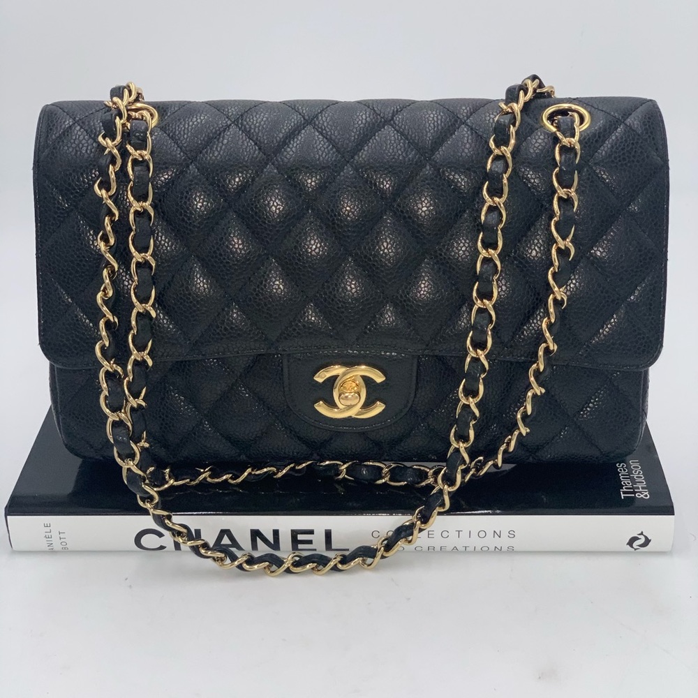 Authentic Vintage Black Quilted Caviar Leather Classic Double Flap Bag